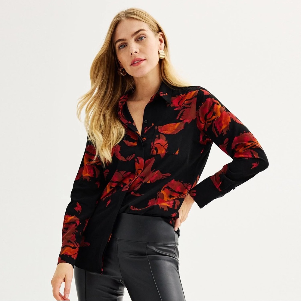 Nine West Black Button-Up Shirt with Red and Orange Floral Print